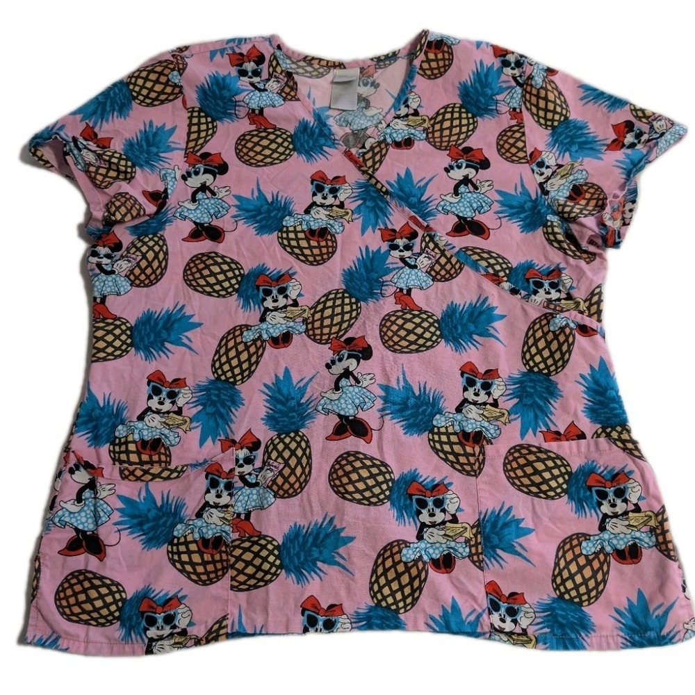 Disney‎ Minnie Mouse Pineapple Womens XL Scrub Top Nurse Medical Uniform Pink - Picture 1 of 6